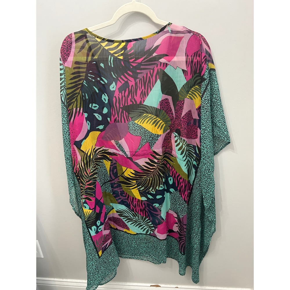 Bleu Rod Beattie Tropical Caftan Swim Cover-Up Batwing Sleeve Multicolor 2X Plus - Picture 3 of 3
